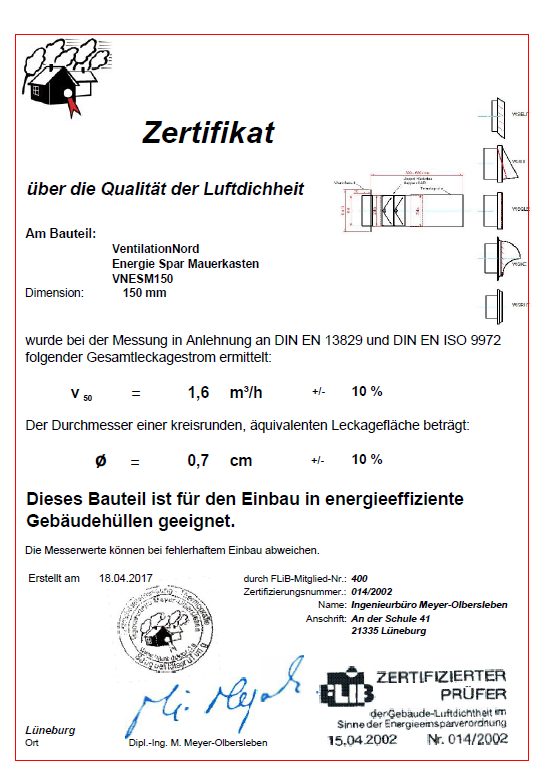 Zertifikat über die Qualität der Luftdichtheit
