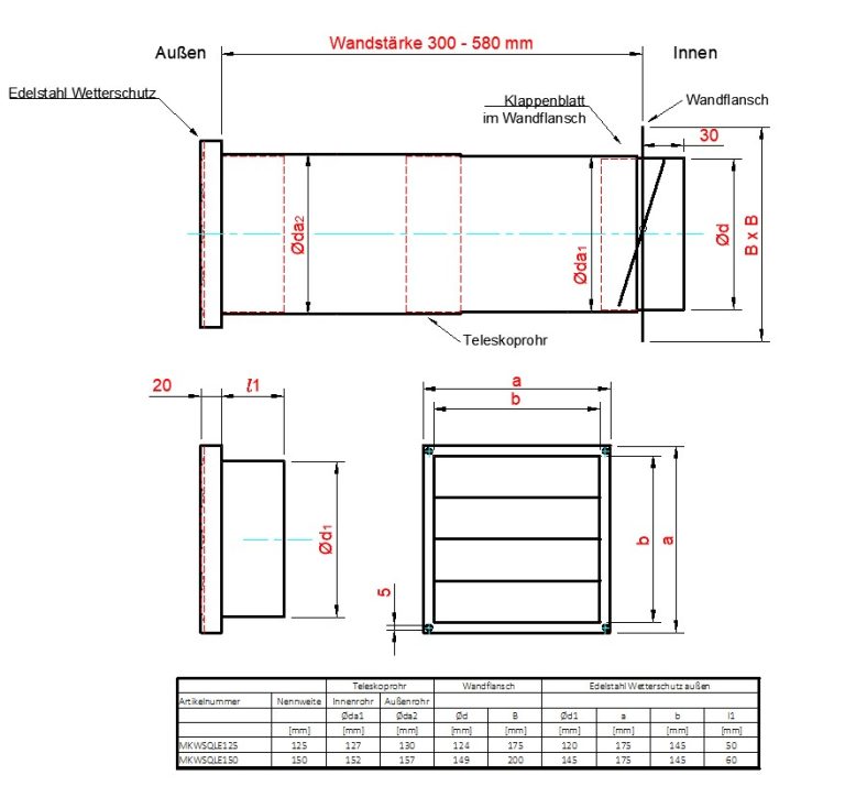 Mauerkasten für Dunstabzug mit Teleskoprohr