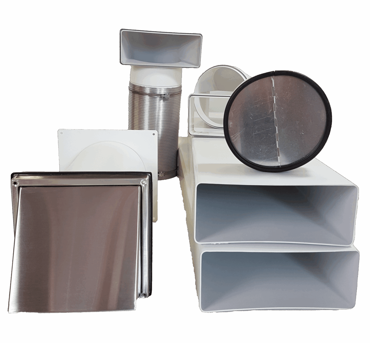 Mauerkasten Ø150 mit Flachkanal Set, Edelstahl Wetterschutzgitter Mauerkasten Ø150 mit Flachkanal Set, Edelstahl Wetterschutzgitter