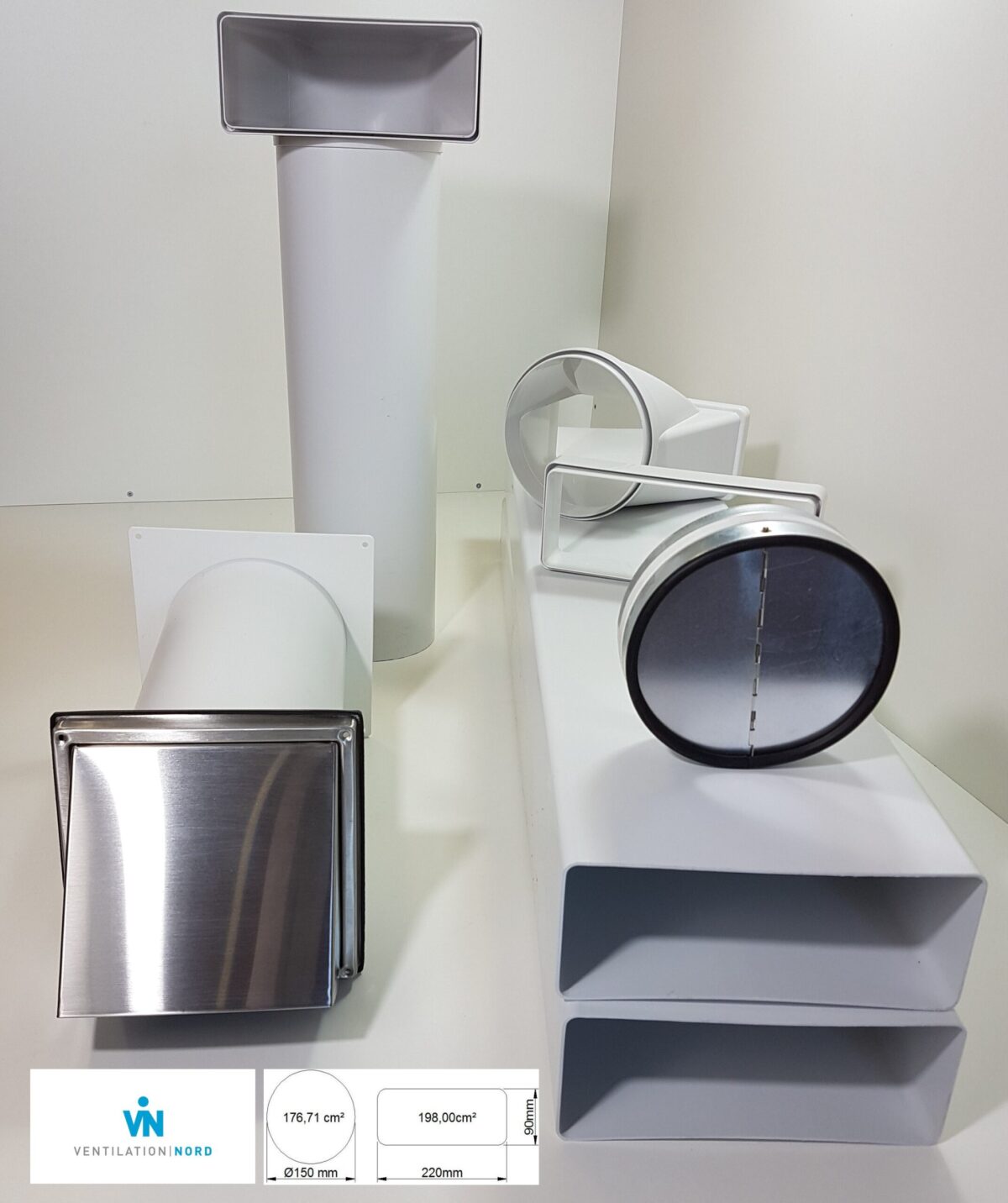 Mauerkasten Ø150 mit Flachkanal Set, Edelstahl Wetterschutzgitter