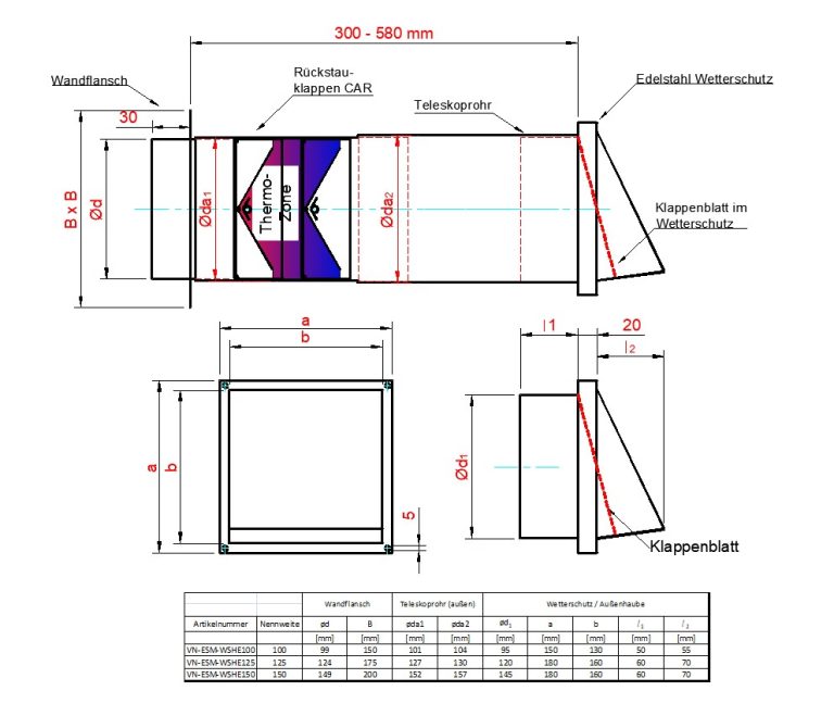 Energiesparmauerkasten Blower Door dicht mit Zertifikat mit Edelstahl Lamellen Außengitter Ø125; Ø150