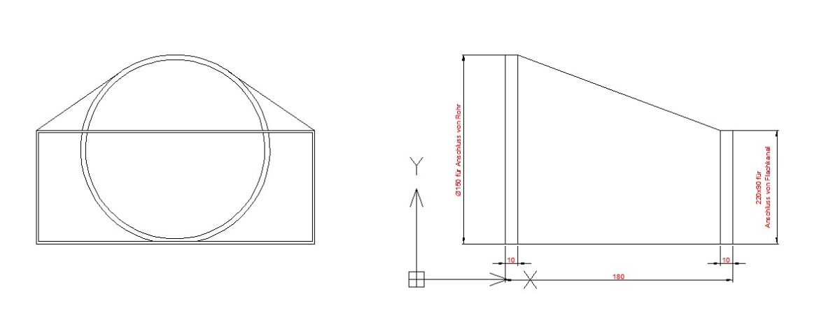 Flachkanal Übergang auf Rund, asymmetrisch 220x90 auf Ø150