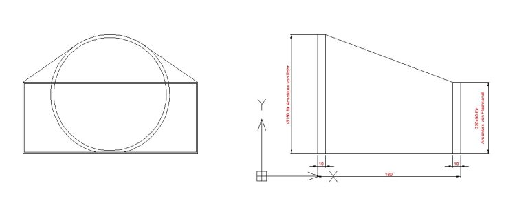 Flachkanal Übergang auf Rund, asymmetrisch 220x90 auf Ø150