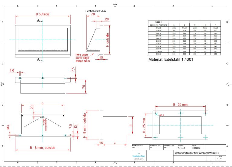 Edelstahl Wetterschutzgitter mit Rückschlagklappe WSGEHi 220x90
