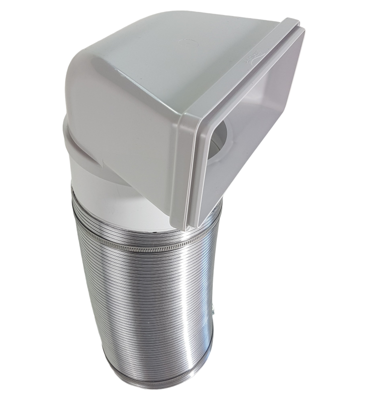 2 Grad Mauerkasten Ø 150 Set Edelstahl Dunstabzug Rückstauklappe S6-K-MKWSELFiD, runter zur Haube mit Aluflex