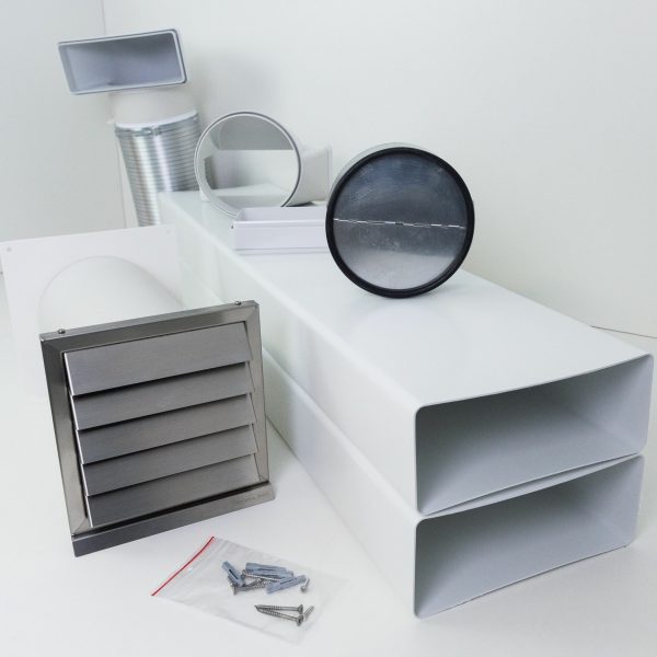 2 Grad Mauerkasten Ø 150 Set Edelstahl Dunstabzug Rückstauklappe S6-K-MKWSELFiD, runter zur Haube mit Aluflex