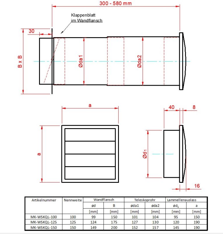 Mauerkasten mit Kunststoffgitter anthrazit in den Nennweiten 125 und 150