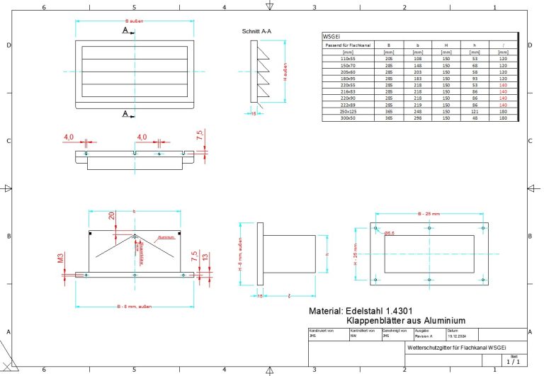 Flachkanal Set 220x90 mit Edelstahl Wetterschutzgitter S5-K-WSGEi220x90, runter zur Haube mit Rohr