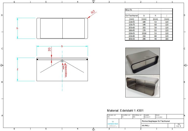 Rückschlagklappe aus Edelstahl für Flachkanal 220x90