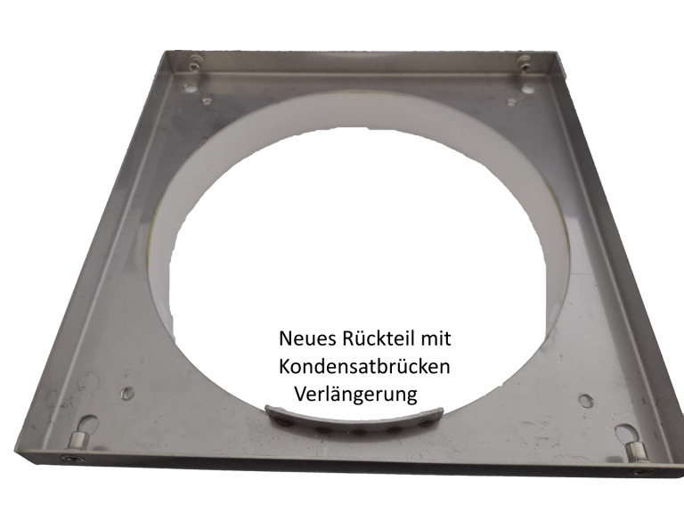 2 Grad Mauerkasten Ø 150 Rohr Set Edelstahl Dunstabzug Rückstauklappe S1-R-MKWSELFiD, runter zur Haube mit Aluflex