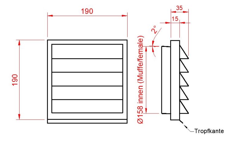 2 Grad Mauerkasten Ø 150 Rohr Set Edelstahl Dunstabzug Rückstauklappe S1-R-MKWSELFiD, runter zur Haube mit Aluflex