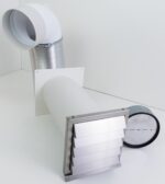 2 Grad Mauerkasten Ø 150 Rohr Set Edelstahl Dunstabzug Rückstauklappe S1-R-MKWSELFiD, runter zur Haube mit Aluflex