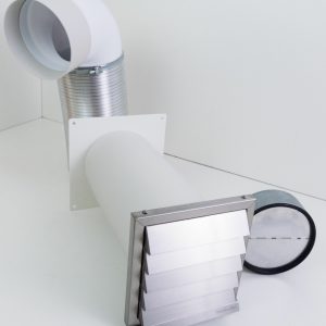 2 Grad Mauerkasten Ø 150 Rohr Set Edelstahl Dunstabzug Rückstauklappe S1-R-MKWSELFiD, runter zur Haube mit Aluflex