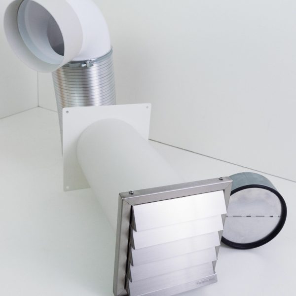 2 Grad Mauerkasten Ø 150 Rohr Set Edelstahl Dunstabzug Rückstauklappe S1-R-MKWSELFiD, runter zur Haube mit Aluflex