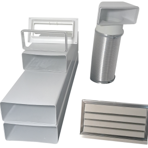 Flachkanal Set 220x90 mit Edelstahl Wetterschutzgitter S6-K-WSGEi220x90, runter zur Haube mit Aluflex