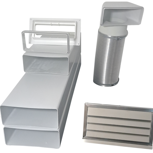 Flachkanal Set 220x90 mit Edelstahl Wetterschutzgitter S6-K-WSGEi220x90, runter zur Haube mit Aluflex