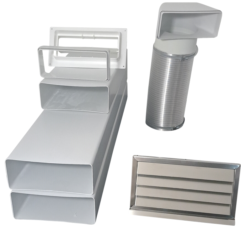 Flachkanal Set 220x90 mit Edelstahl Wetterschutzgitter S6-K-WSGEi220x90, runter zur Haube mit Aluflex