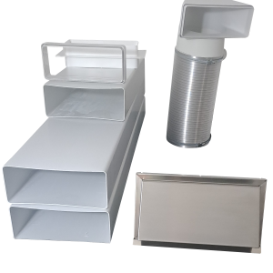 Flachkanal Set 220x90 mit Edelstahl Wetterschutzgitter S6-K-WSGEHi, runter zur Haube mit Aluflex