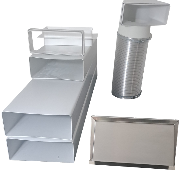 Flachkanal Set 220x90 mit Edelstahl Wetterschutzgitter S6-K-WSGEHi, runter zur Haube mit Aluflex