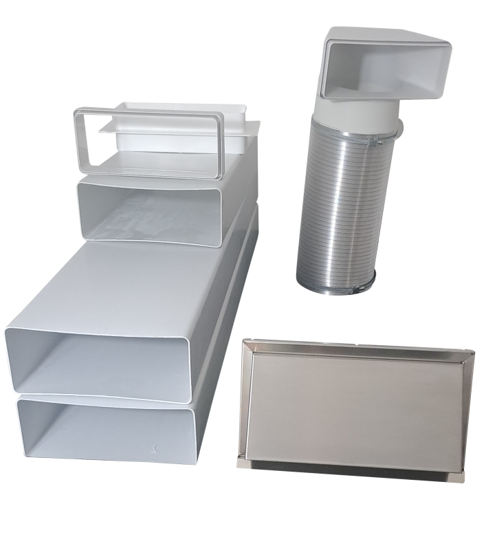 Flachkanal Set 220x90 mit Edelstahl Wetterschutzgitter S6-K-WSGEHi, runter zur Haube mit Aluflex