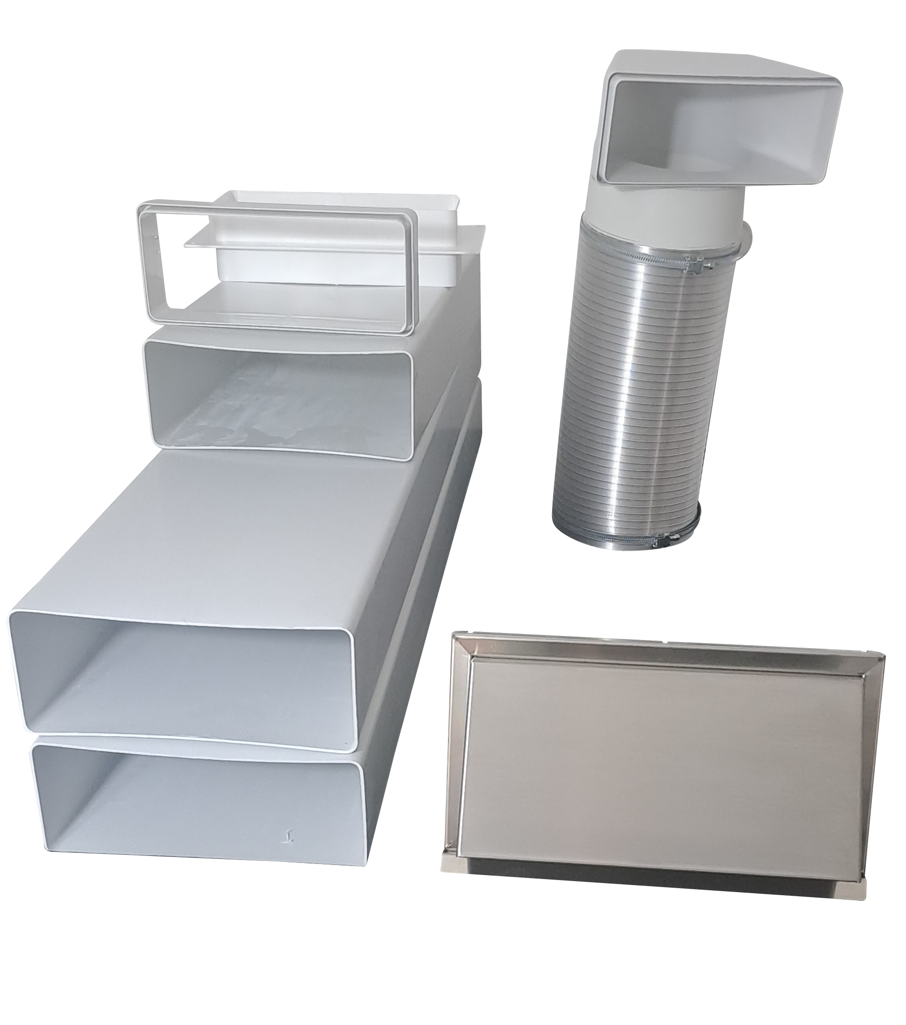 Flachkanal Set 220x90 mit Edelstahl Wetterschutzgitter S6-K-WSGEHi, runter zur Haube mit Aluflex Flachkanal Set 220x90 mit Edelstahl Wetterschutzgitter S6-K-WSGEHi, runter zur Haube mit Aluflex