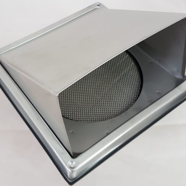 Wetterschutzgitter aus Edelstahl mit Haube ohne Klappenblatt in der Haube, mit Edelstahl Insektenschutzgitter, für Zuluft und Abluft