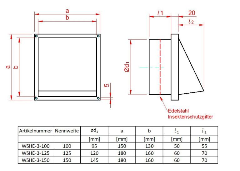 Wetterschutzgitter aus Edelstahl mit Haube ohne Klappenblatt in der Haube, mit Edelstahl Insektenschutzgitter, für Zuluft und Abluft
