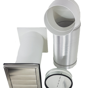 2 Grad Mauerkasten Ø 150 Rohr Set Edelstahl Dunstabzug Rückstauklappe S1-R-MKWSQLE, runter zur Haube mit Aluflex