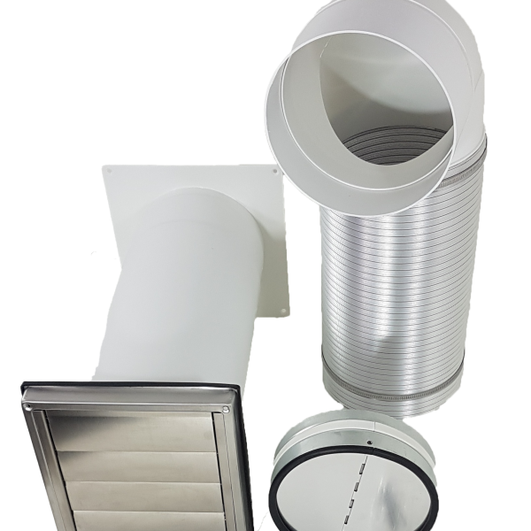 2 Grad Mauerkasten Ø 150 Rohr Set Edelstahl Dunstabzug Rückstauklappe S1-R-MKWSQLE, runter zur Haube mit Aluflex