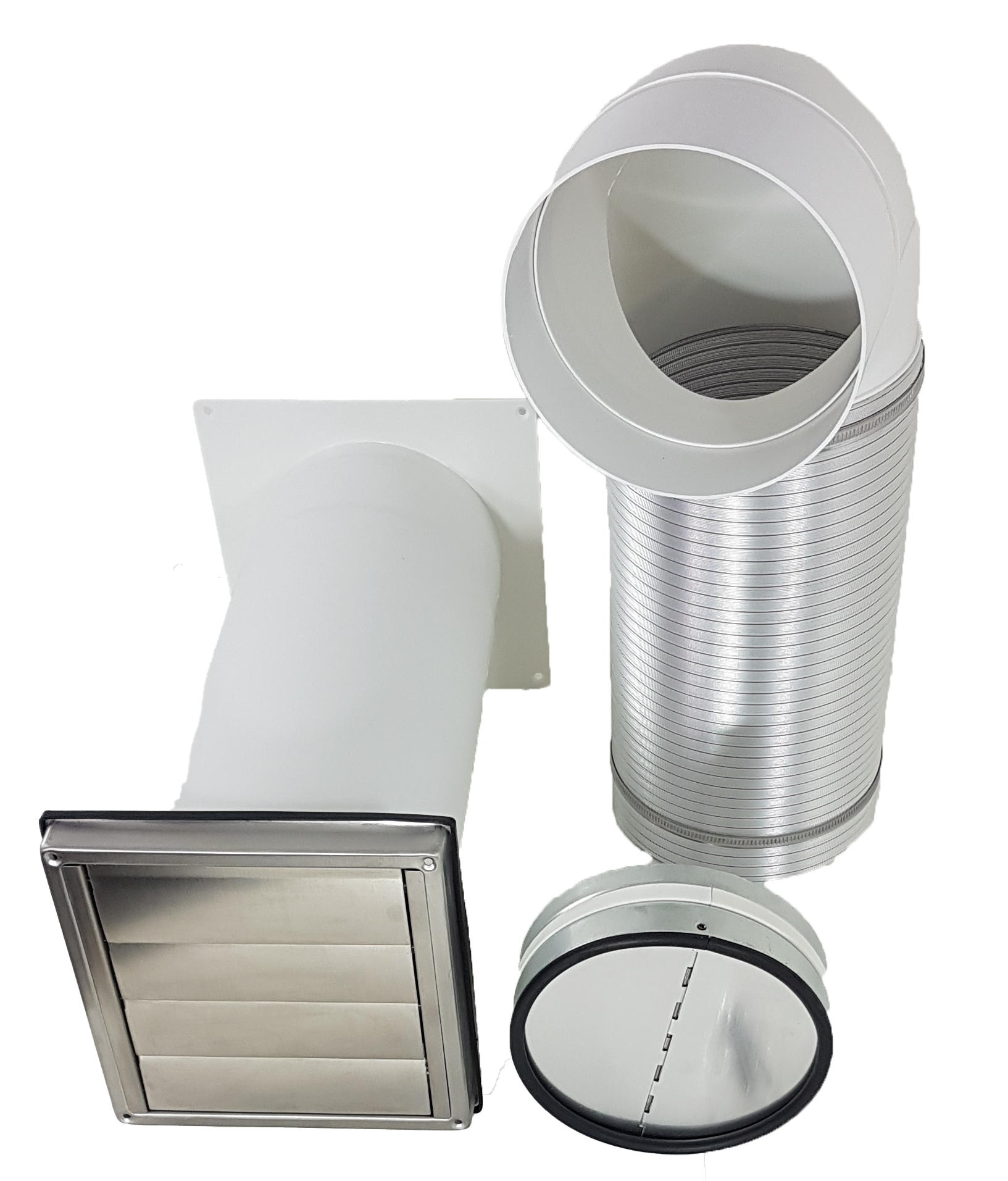 2 Grad Mauerkasten Ø 150 Rohr Set Edelstahl Dunstabzug Rückstauklappe S1-R-MKWSQLE, runter zur Haube mit Aluflex 2 Grad Mauerkasten Ø 150 Rohr Set Edelstahl Dunstabzug Rückstauklappe S1-R-MKWSQLE, runter zur Haube mit Aluflex
